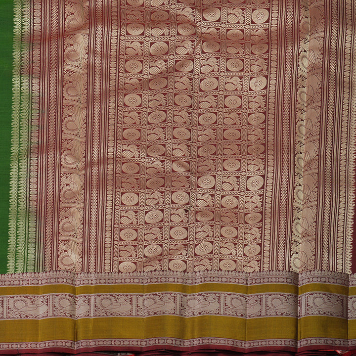Hayagrivas Handloom Olive Green Kanjivaram Silk Saree with Wine Maroon Border KBF59D1-10