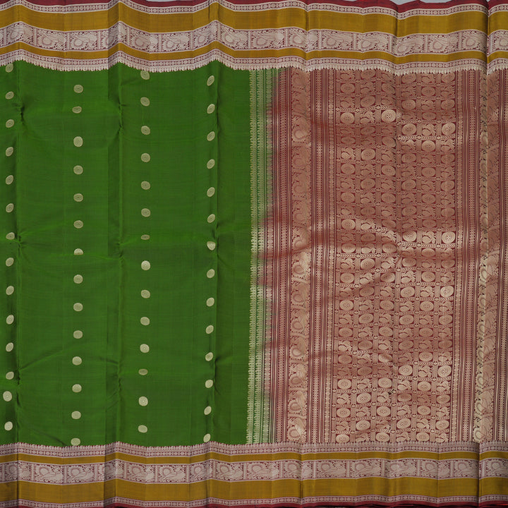 Hayagrivas Handloom Olive Green Kanjivaram Silk Saree with Wine Maroon Border KBF59D1-10
