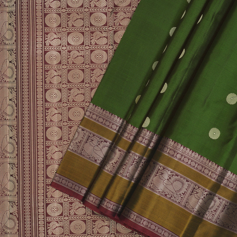 Hayagrivas Handloom Olive Green Kanjivaram Silk Saree with Wine Maroon Border KBF59D1-10