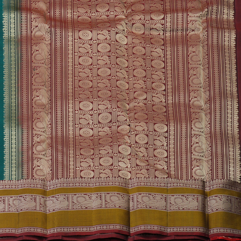 Hayagrivas Handloom Emerald Green Kanjivaram Silk Saree with Maroon Border KBF59D1-9