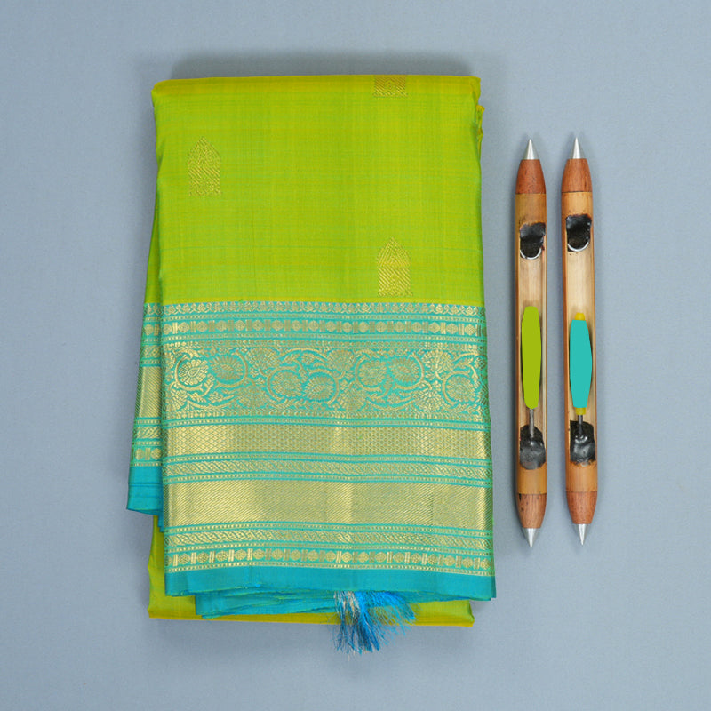 Hayagrivas Handloom Lime Green Kanjivaram Silk Saree with Sky Blue Border KBF600G1-15