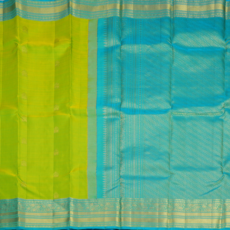 Hayagrivas Handloom Lime Green Kanjivaram Silk Saree with Sky Blue Border KBF600G1-15