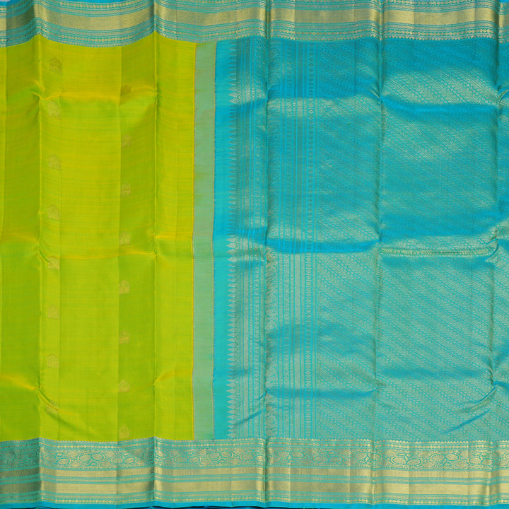 Hayagrivas Handloom Lime Green Kanjivaram Silk Saree with Sky Blue Border KBF600G1-15