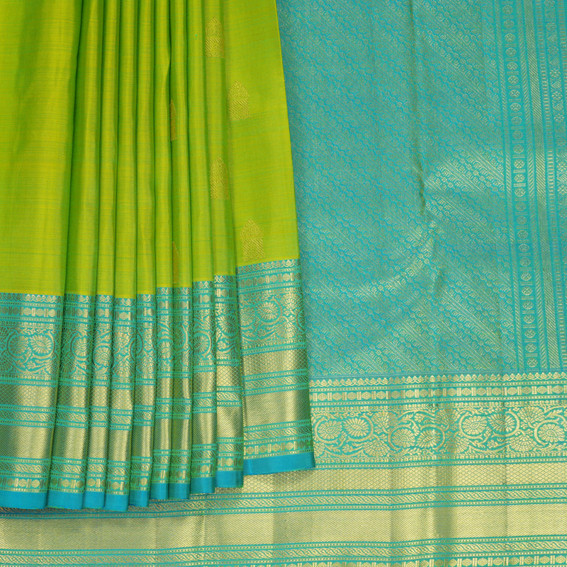Hayagrivas Handloom Lime Green Kanjivaram Silk Saree with Sky Blue Border KBF600G1-15