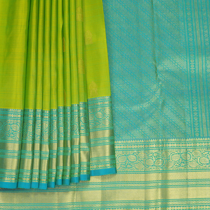 Hayagrivas Handloom Lime Green Kanjivaram Silk Saree with Sky Blue Border KBF600G1-15