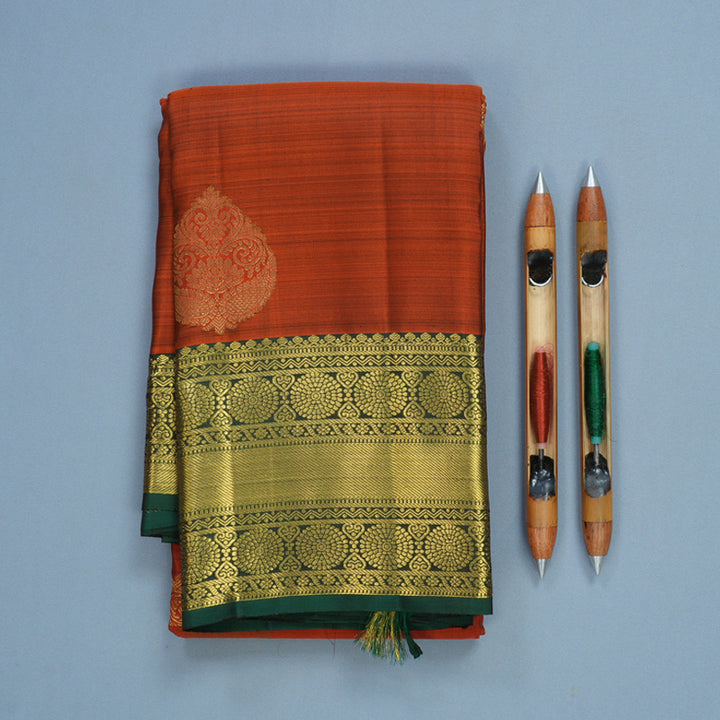 Hayagrivas Handloom Rust Orange Kanjivaram Silk Saree with Bottle Green Border KBF600G1-19