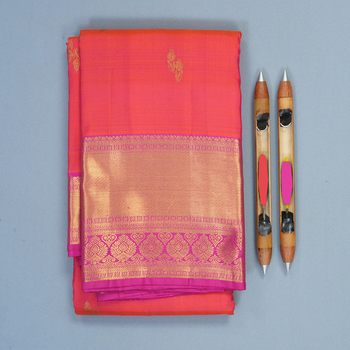 Hayagrivas Handloom Orangish-Pink Kanjivaram Silk Saree with Rani Pink Border KBF600G1-4