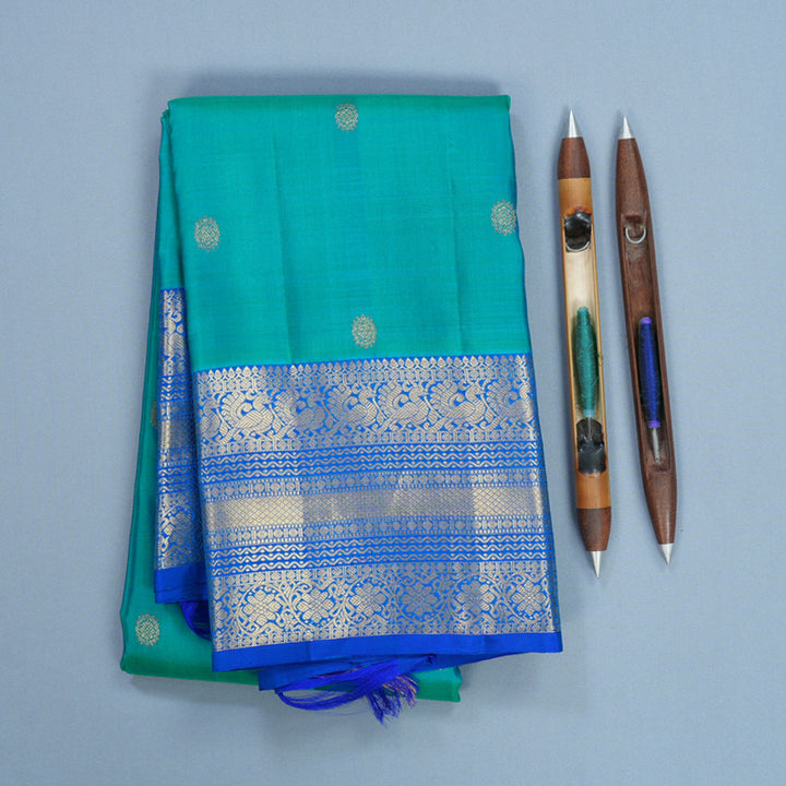 Hayagrivas Handloom Blue-Green Kanjivaram Silk Saree with MS Blue Border KBF600G1-6