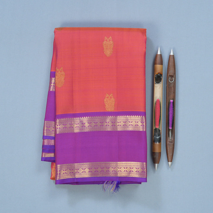 Hayagrivas Handloom Orangish-Pink Kanjivaram Silk Saree with Purple Border KBF600G2-2