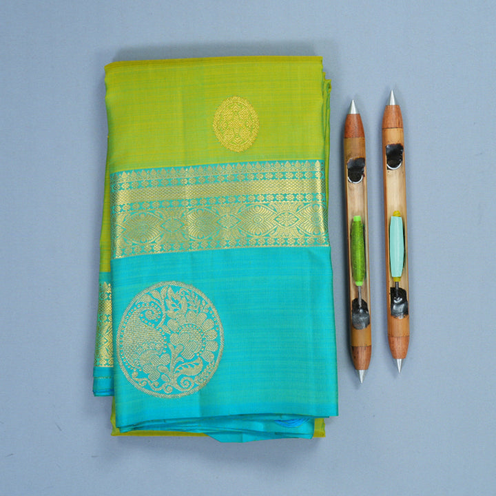 Hayagrivas Handloom Parrot Green Kanjivaram Silk Saree with Sky Blue Border KBF600G4-2