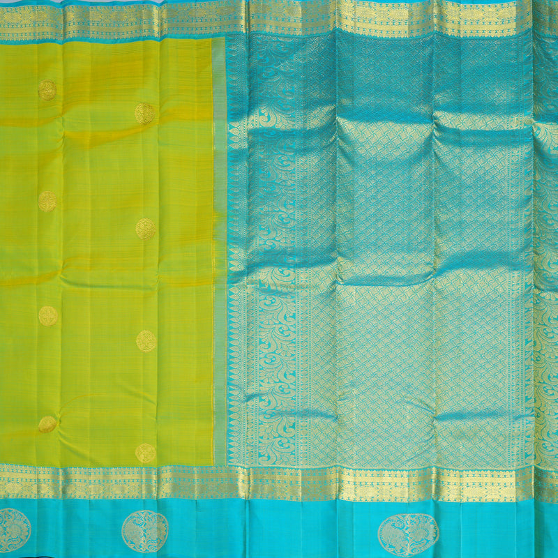 Hayagrivas Handloom Parrot Green Kanjivaram Silk Saree with Sky Blue Border KBF600G4-2