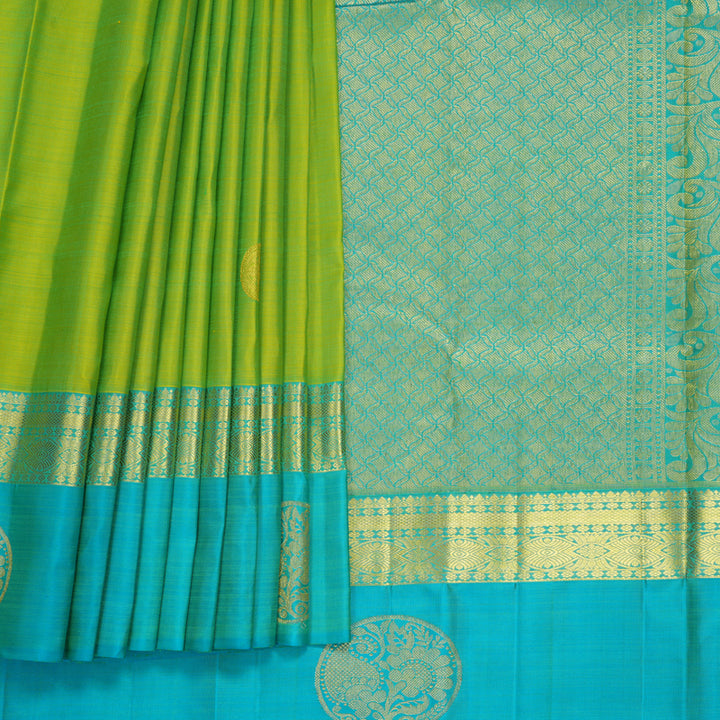 Hayagrivas Handloom Parrot Green Kanjivaram Silk Saree with Sky Blue Border KBF600G4-2
