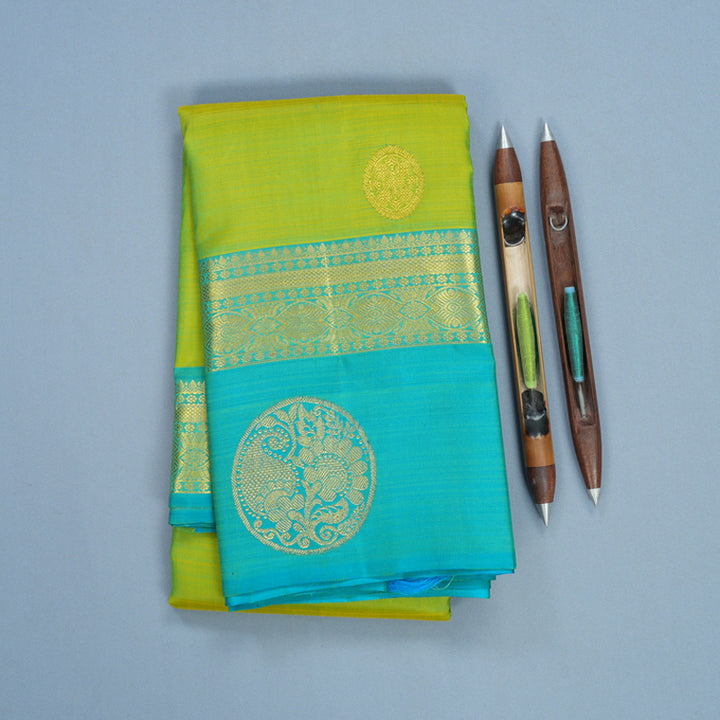 Hayagrivas Handloom Lime Green Kanjivaram Silk Saree with Sky Blue Border KBF600G4-3