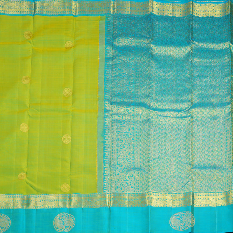 Hayagrivas Handloom Lime Green Kanjivaram Silk Saree with Sky Blue Border KBF600G4-3
