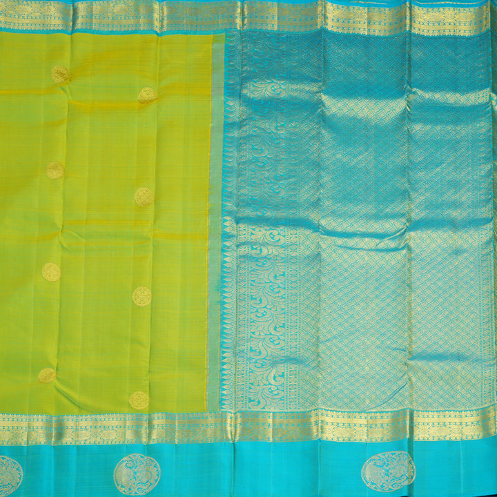 Hayagrivas Handloom Lime Green Kanjivaram Silk Saree with Sky Blue Border KBF600G4-3