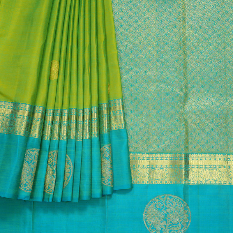 Hayagrivas Handloom Lime Green Kanjivaram Silk Saree with Sky Blue Border KBF600G4-3