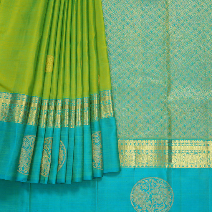 Hayagrivas Handloom Lime Green Kanjivaram Silk Saree with Sky Blue Border KBF600G4-3