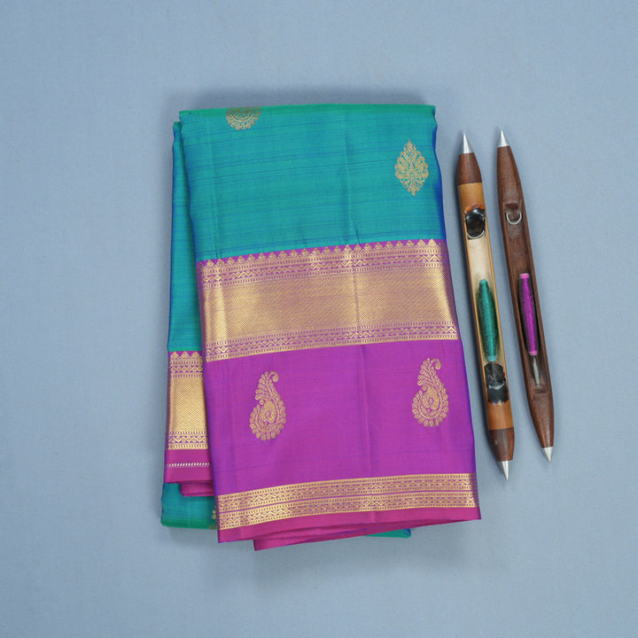 Hayagrivas Handloom Blue-Green Kanjivaram Silk Saree with Purple Border KBF600G5-1