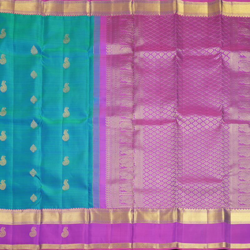 Hayagrivas Handloom Blue-Green Kanjivaram Silk Saree with Purple Border KBF600G5-1