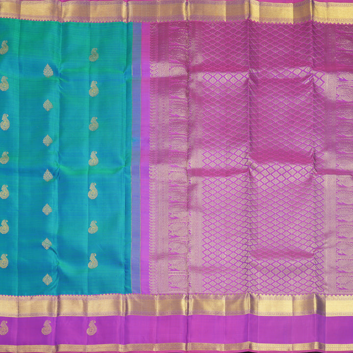 Hayagrivas Handloom Blue-Green Kanjivaram Silk Saree with Purple Border KBF600G5-1