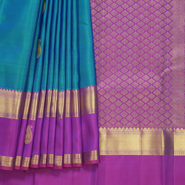 Hayagrivas Handloom Blue-Green Kanjivaram Silk Saree with Purple Border KBF600G5-1