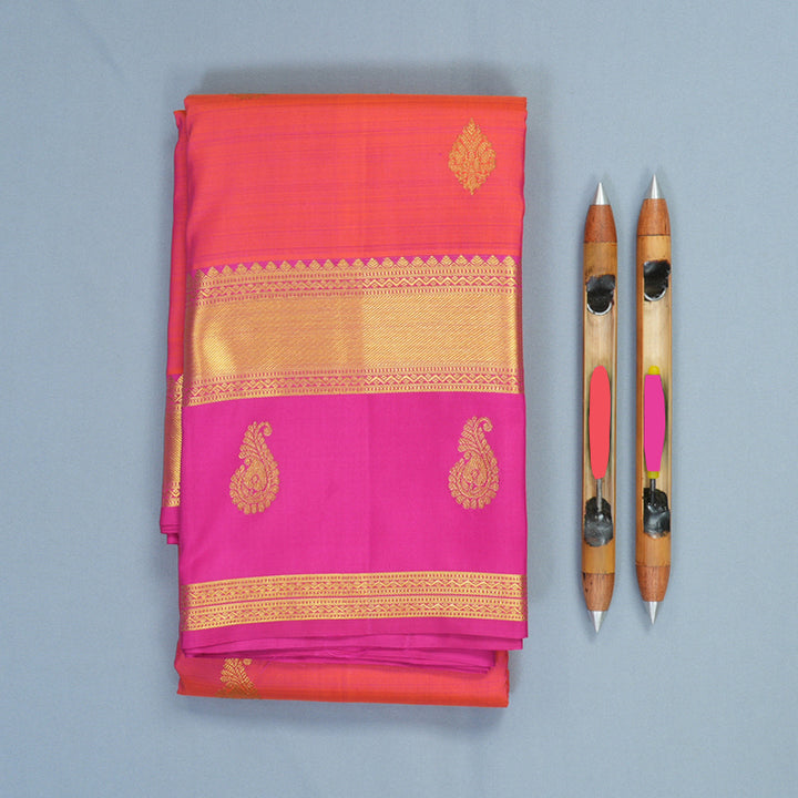 Hayagrivas Handloom Orangish-Pink Kanjivaram Silk Saree with Rani Pink Border KBF600G5-3