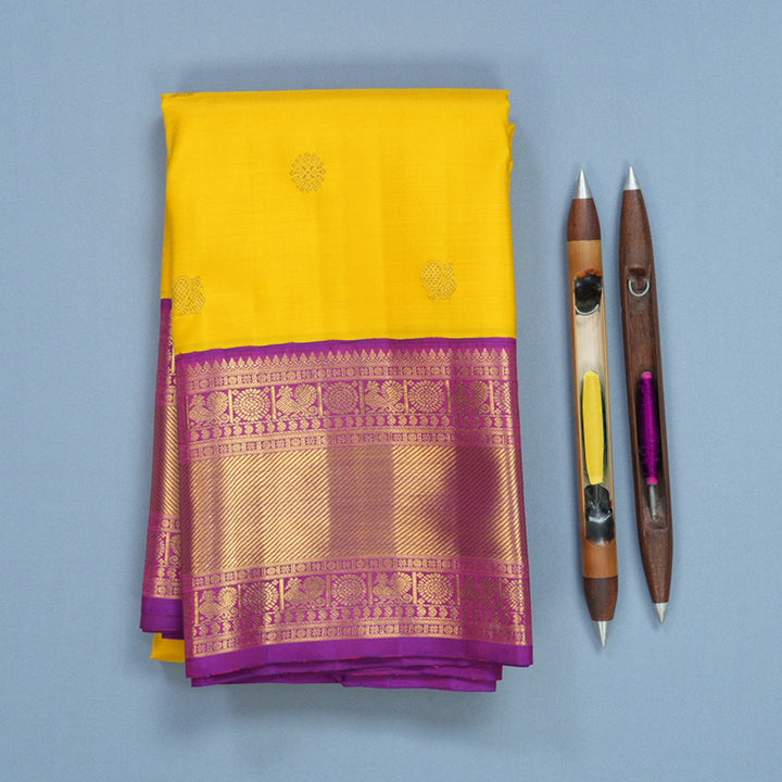 Hayagrivas Handloom Yellow Kanjivaram Silk Saree with Purple Border KBF602G2-1