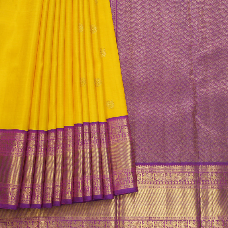 Hayagrivas Handloom Yellow Kanjivaram Silk Saree with Purple Border KBF602G2-1