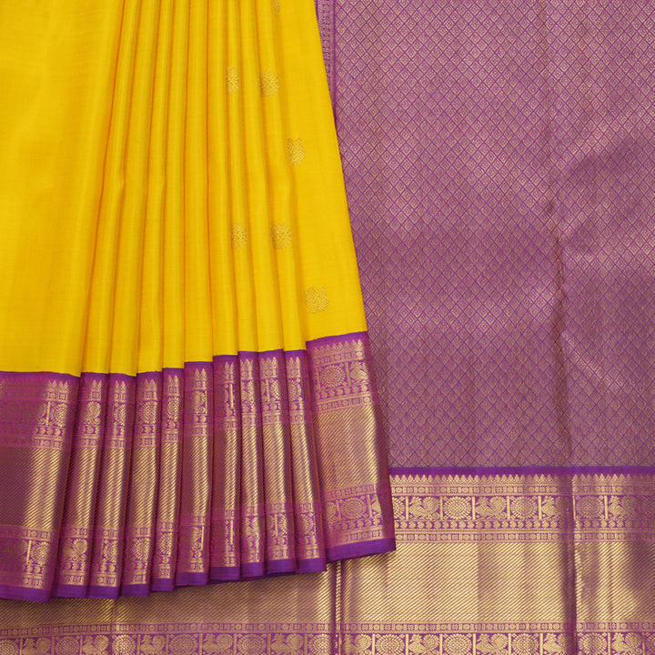 Hayagrivas Handloom Yellow Kanjivaram Silk Saree with Purple Border KBF602G2-1