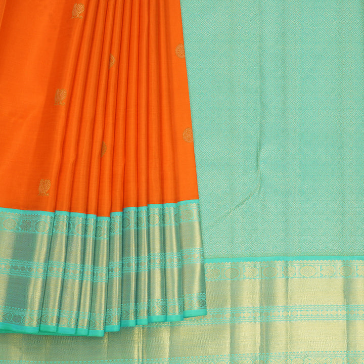 Hayagrivas Handloom Orange Kanjivaram Silk Saree with Aqua Green Border KBF602G2-4