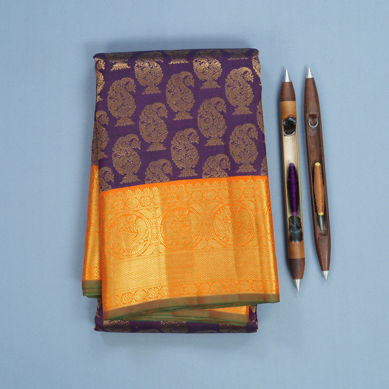 Hayagrivas Handloom Brinjal Purple Kanjivaram Silk Saree with Orange Border KBF602G4-1