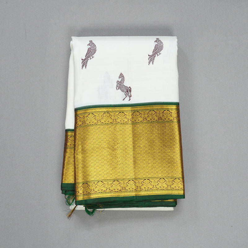 Hayagrivas Handloom Half-White Kanjivaram Silk Saree with Bottle Green Border KBF604G11-1
