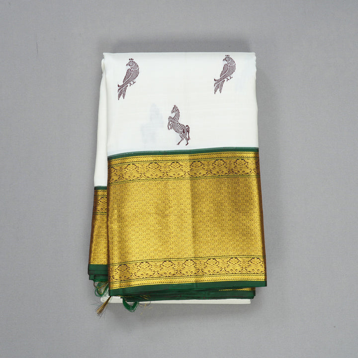 Hayagrivas Handloom Half-White Kanjivaram Silk Saree with Bottle Green Border KBF604G11-1