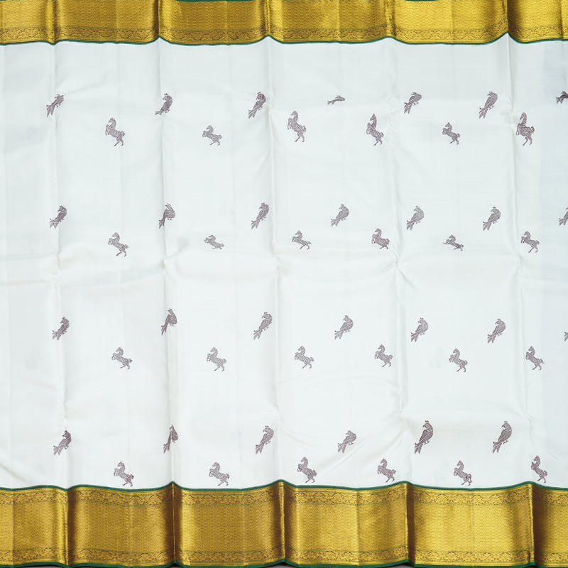 Hayagrivas Handloom Half-White Kanjivaram Silk Saree with Bottle Green Border KBF604G11-1