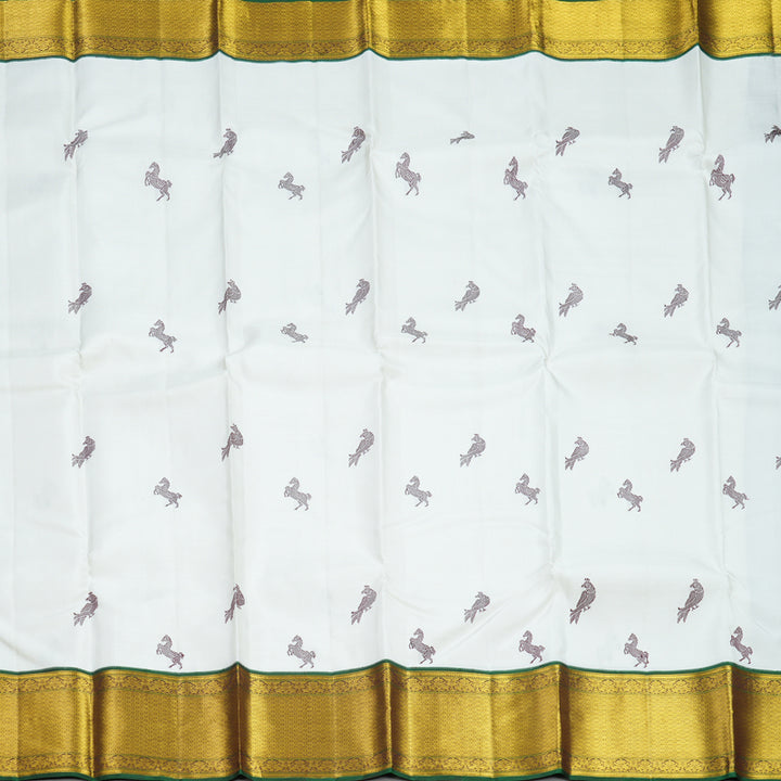 Hayagrivas Handloom Half-White Kanjivaram Silk Saree with Bottle Green Border KBF604G11-1