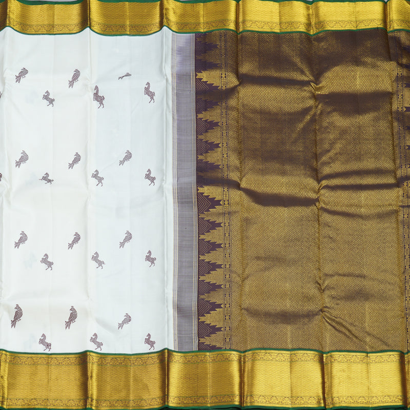 Hayagrivas Handloom Half-White Kanjivaram Silk Saree with Bottle Green Border KBF604G11-1