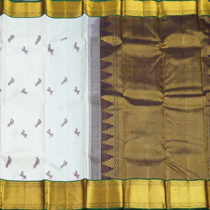 Hayagrivas Handloom Half-White Kanjivaram Silk Saree with Bottle Green Border KBF604G11-1