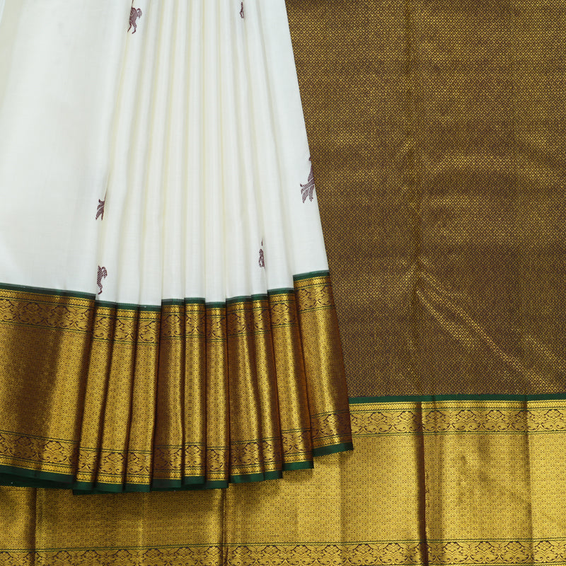 Hayagrivas Handloom Half-White Kanjivaram Silk Saree with Bottle Green Border KBF604G11-1