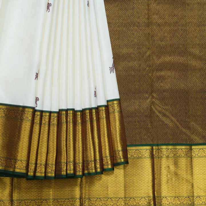 Hayagrivas Handloom Half-White Kanjivaram Silk Saree with Bottle Green Border KBF604G11-1