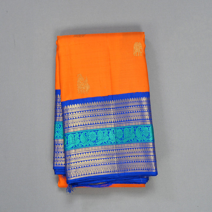 Hayagrivas Handloom Orange Kanjivaram Silk Saree with MS Blue Border KBF604G12-1