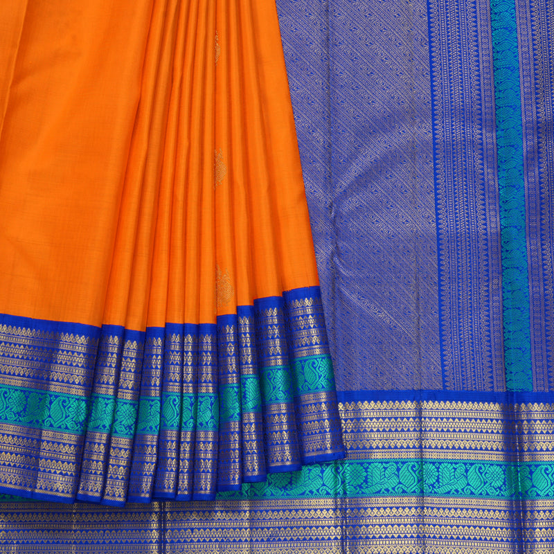 Hayagrivas Handloom Orange Kanjivaram Silk Saree with MS Blue Border KBF604G12-1