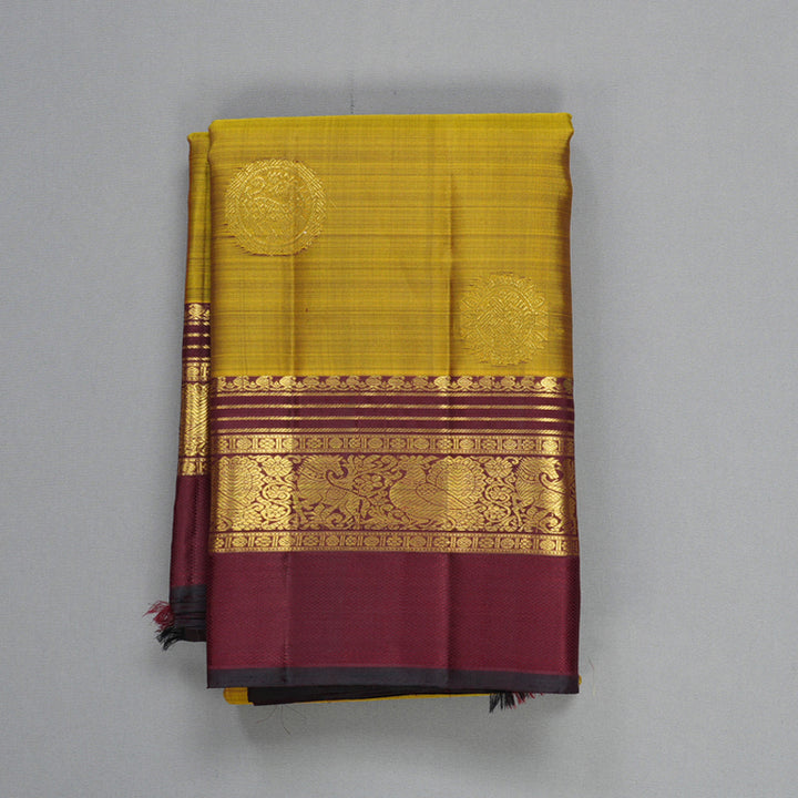 Hayagrivas Handloom Metallic Gold Kanjivaram Silk Saree with Wine Maroon Border KBF604G14-1