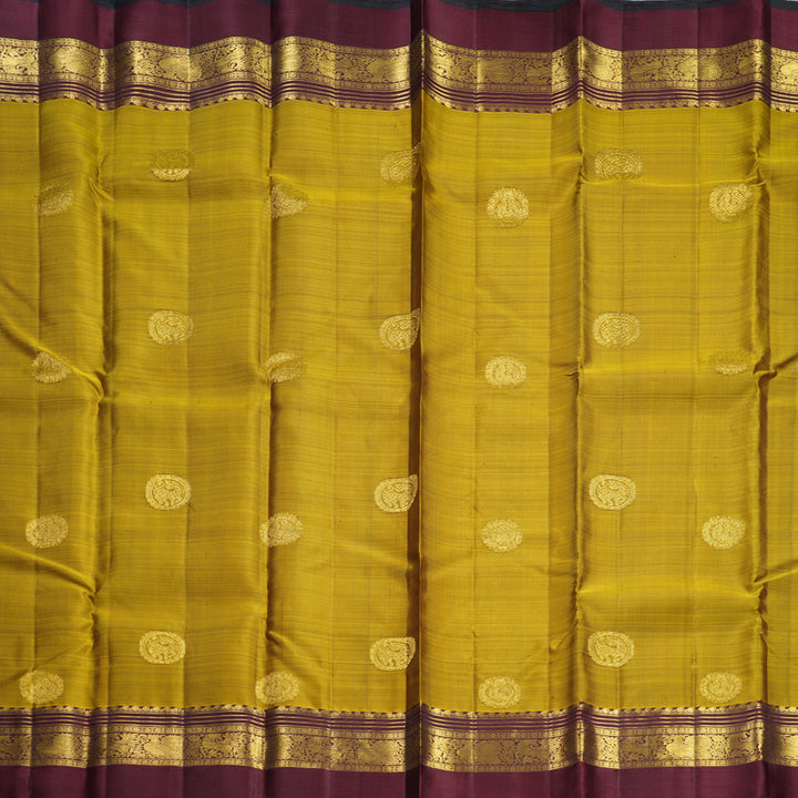 Hayagrivas Handloom Metallic Gold Kanjivaram Silk Saree with Wine Maroon Border KBF604G14-1