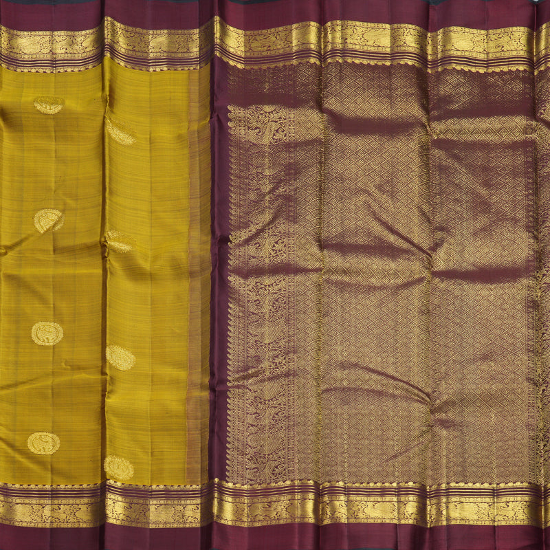 Hayagrivas Handloom Metallic Gold Kanjivaram Silk Saree with Wine Maroon Border KBF604G14-1