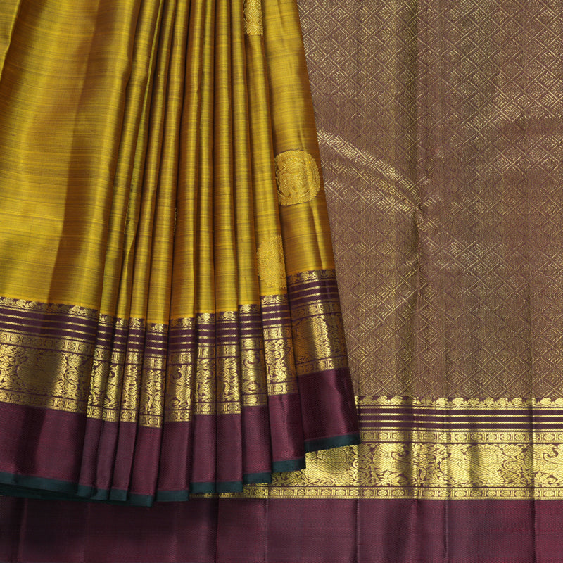 Hayagrivas Handloom Metallic Gold Kanjivaram Silk Saree with Wine Maroon Border KBF604G14-1