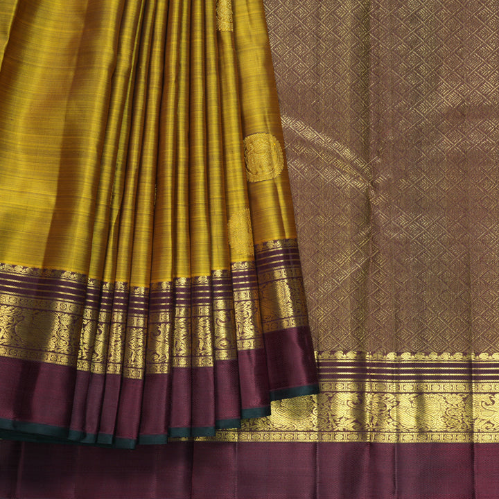 Hayagrivas Handloom Metallic Gold Kanjivaram Silk Saree with Wine Maroon Border KBF604G14-1