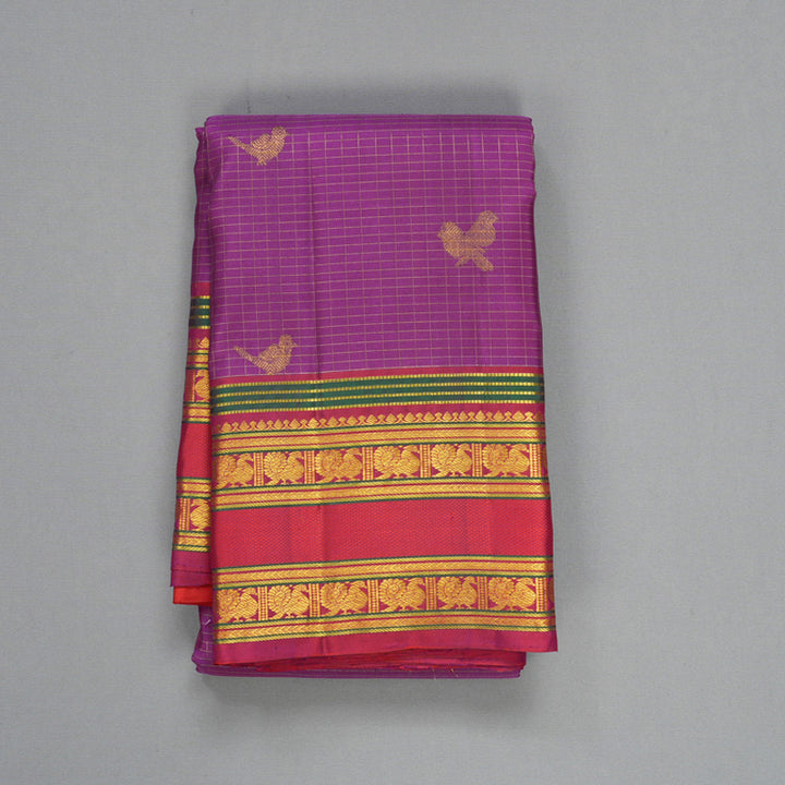 Hayagrivas Handloom Purple Kanjivaram Silk Saree with Reddish-Pink Border KBF604G15-1
