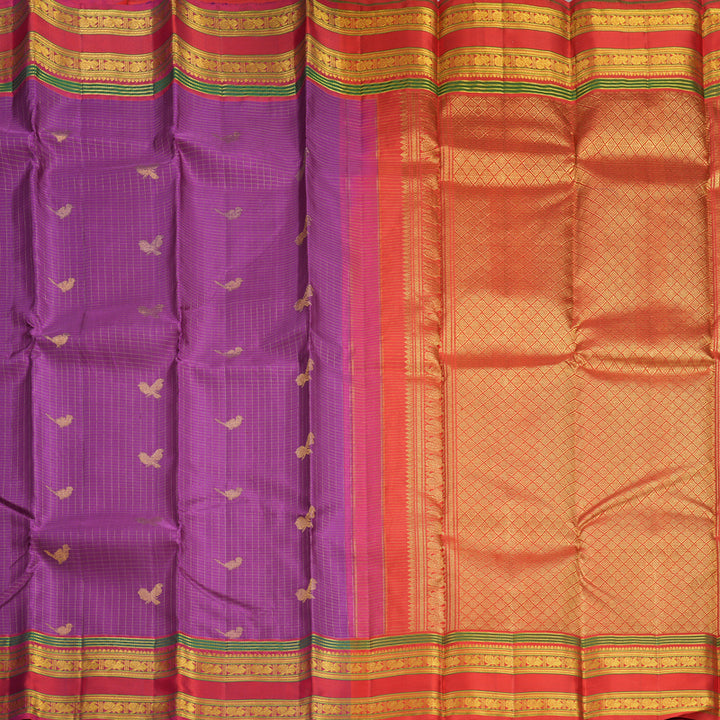 Hayagrivas Handloom Purple Kanjivaram Silk Saree with Reddish-Pink Border KBF604G15-1
