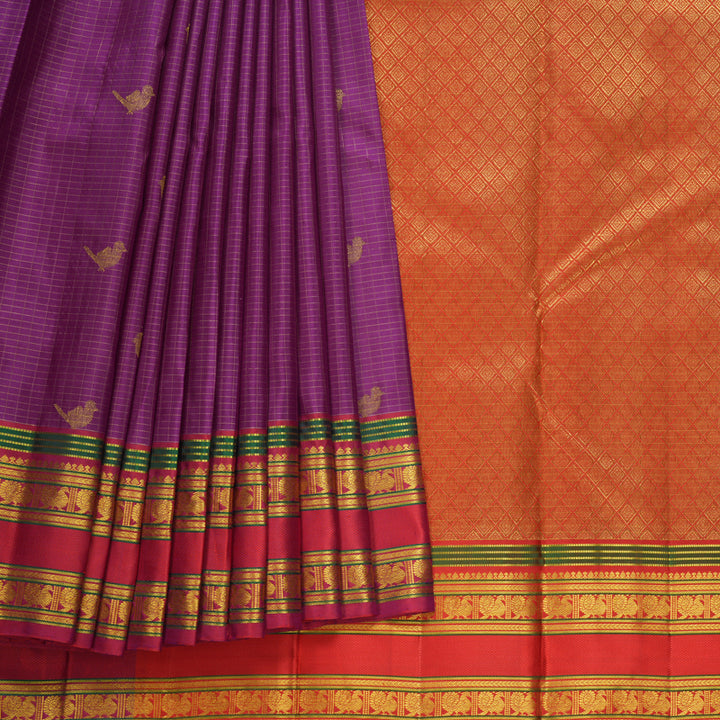 Hayagrivas Handloom Purple Kanjivaram Silk Saree with Reddish-Pink Border KBF604G15-1