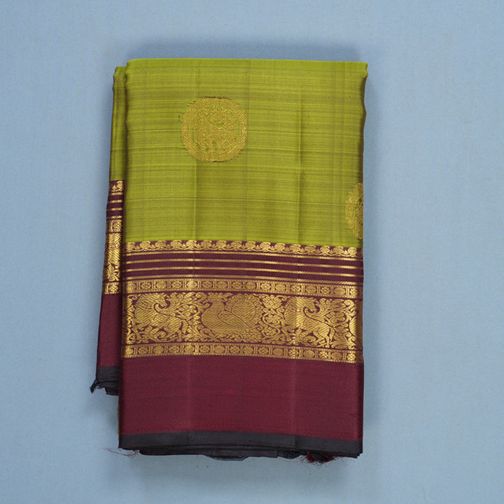 Hayagrivas Handloom Olive Green Kanjivaram Silk Saree with Wine Maroon Border KBF604G17-1